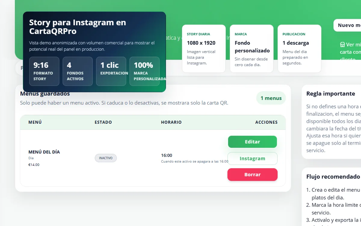 Editor de story Instagram para menu del dia